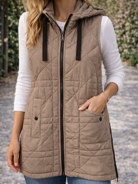 Weatherproof Quilted Hooded Vest XS Tan Sleeveless Puffer